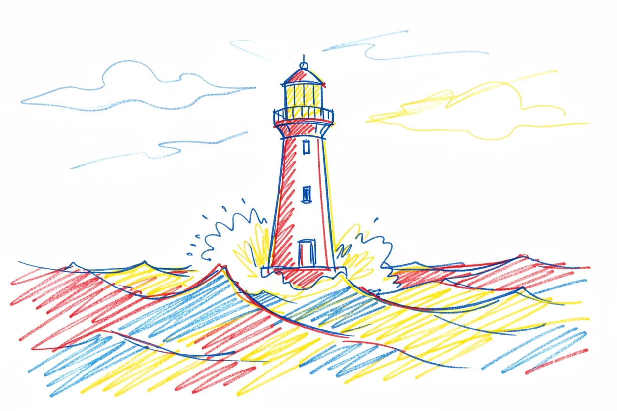 A lone lighthouse standing firm against crashing storm waves