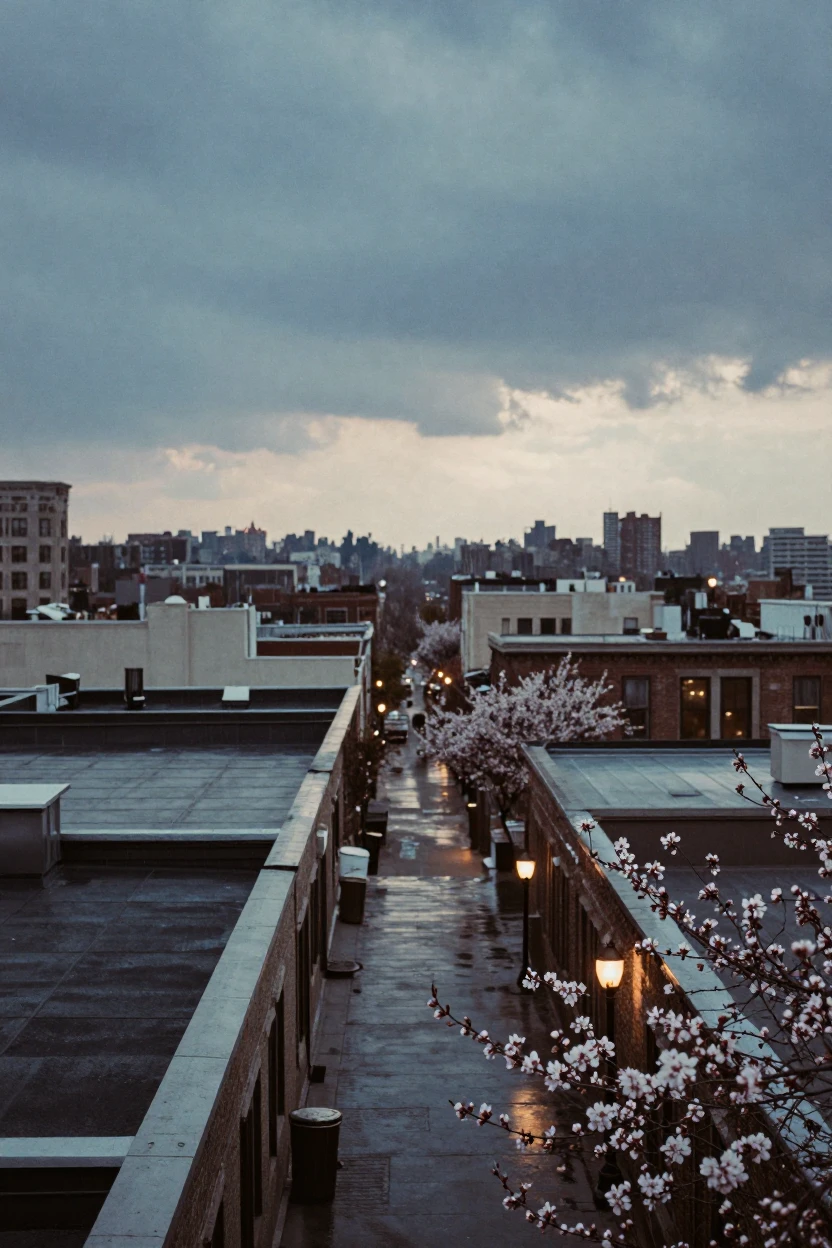 A rooftop view over a sprawling city at sunset, in cool blue twilight, under a light drizzle, as spring blossoms unfurl, with stark black-and-white contrast softened by a single warm hue, framed symmetrically down a long corridor.