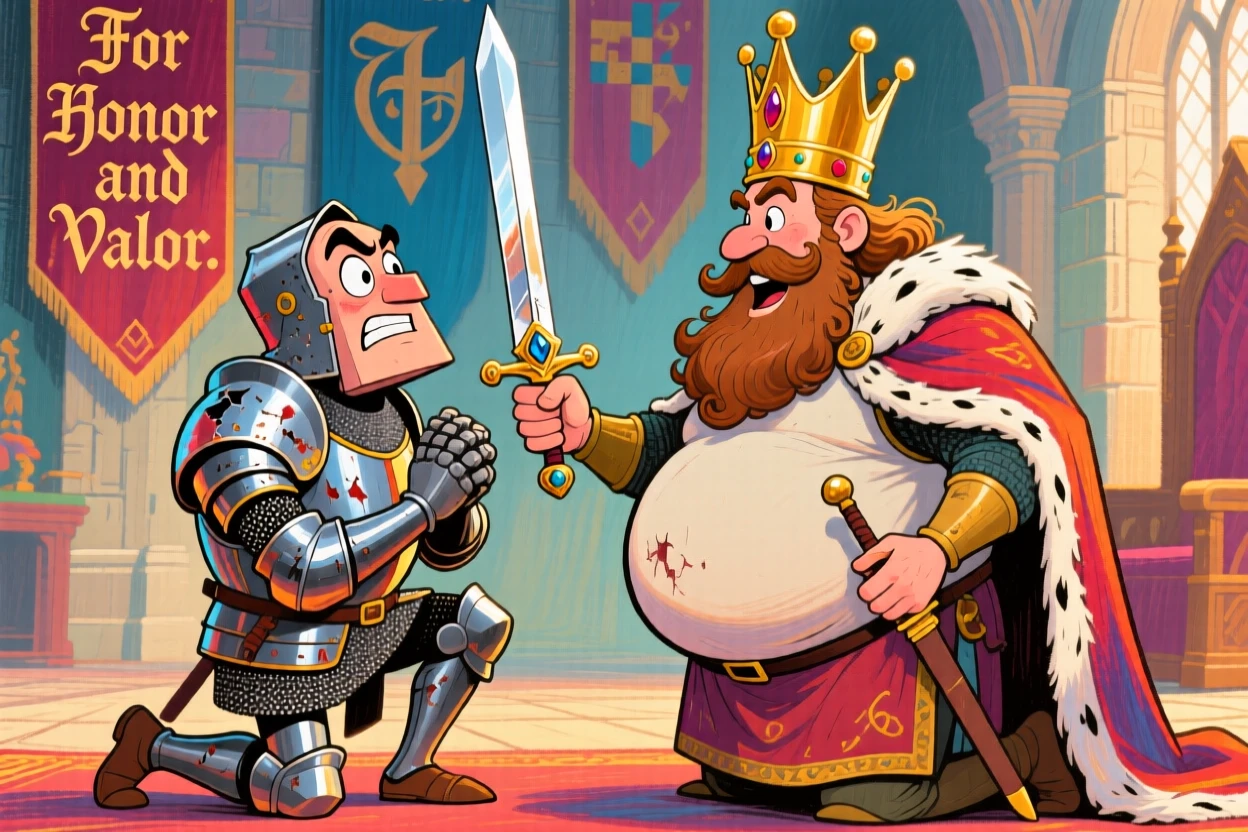 A medieval knight kneeling before a king to be ceremonially knighted with a sword.