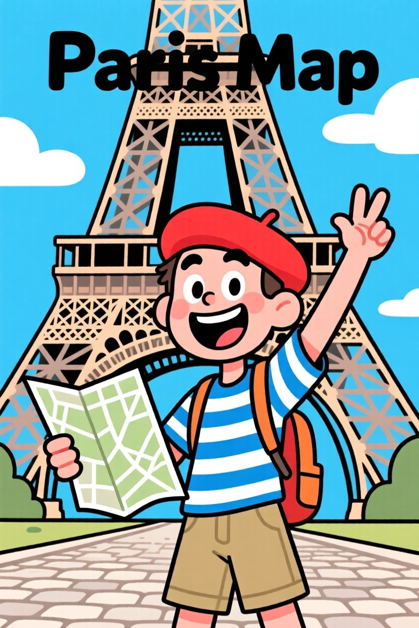 An iconic travel scene featuring a delighted tourist posing joyfully in front of the Eiffel Tower, with a map slightly askew in hand.