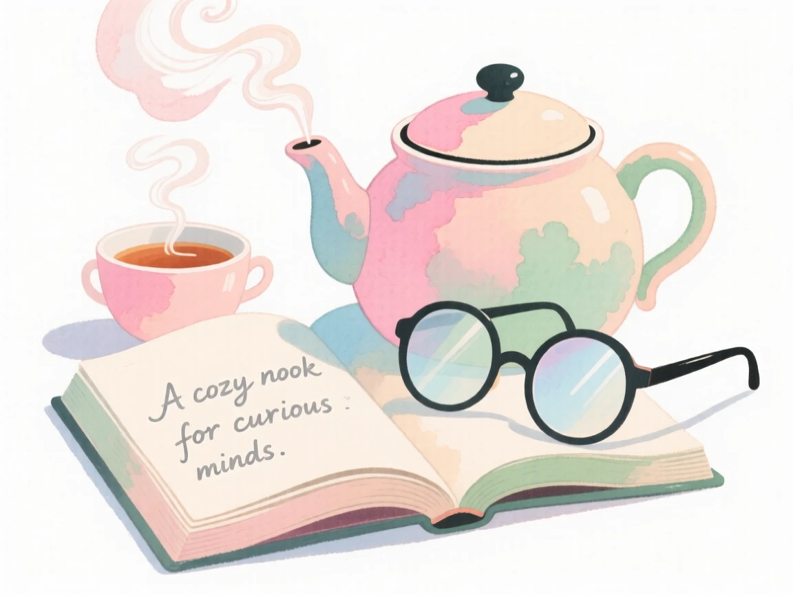 A cozy, appetizing, soft and dreamy scene of a steaming pot of tea beside an open book and reading glasses