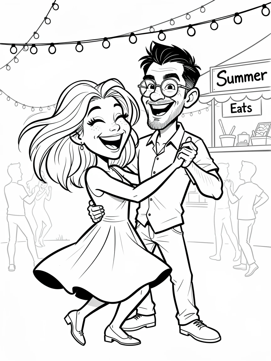 [Seasonal Holidays & Celebrations] Festive scene of a festive couple dancing together at an outdoor summer festival, full of celebration and joy