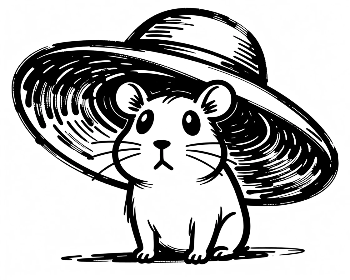 A guinea pig sitting inside a giant sunhat, only its eyes and ears peeking out.
