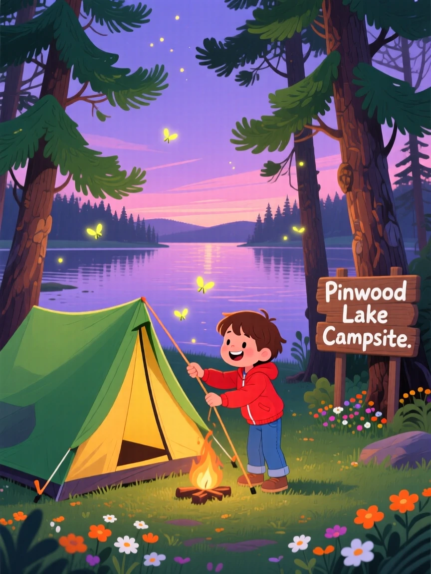 In a quiet lakeside campsite, a curious camper is pitching a tent beneath tall pine trees, as fireflies begin to appear at dusk.