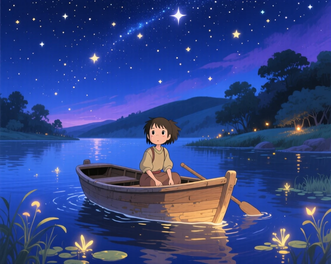 A nighttime scene of a small boat drifting beneath a sky full of stars, dreamlike beneath the stars.