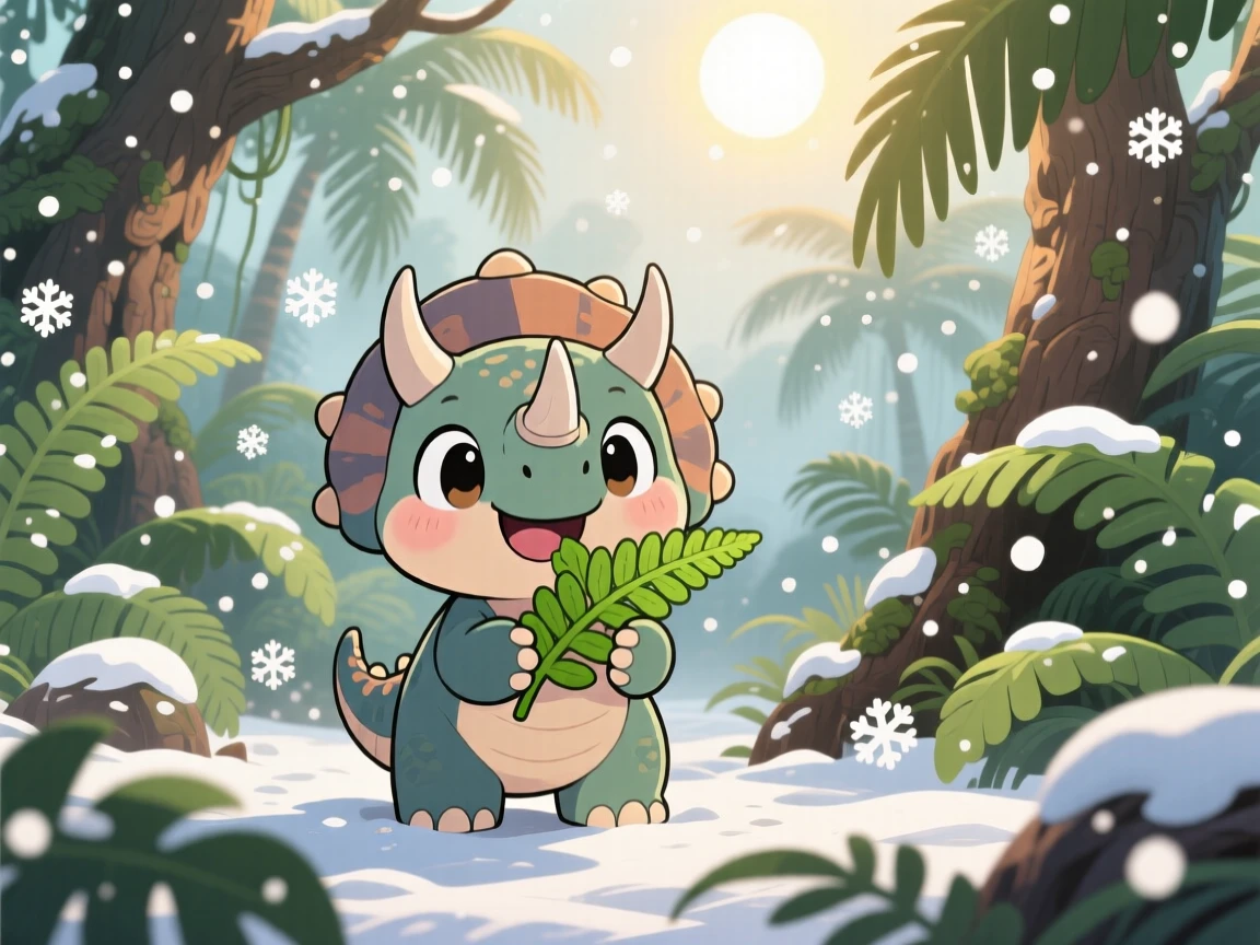 A baby triceratops munching on a fern leaf happily in a lush prehistoric jungle during a cozy winter snowfall; bright midday sun washes over the scene as peaceful calm fills the moment. Symmetrical front-on view.