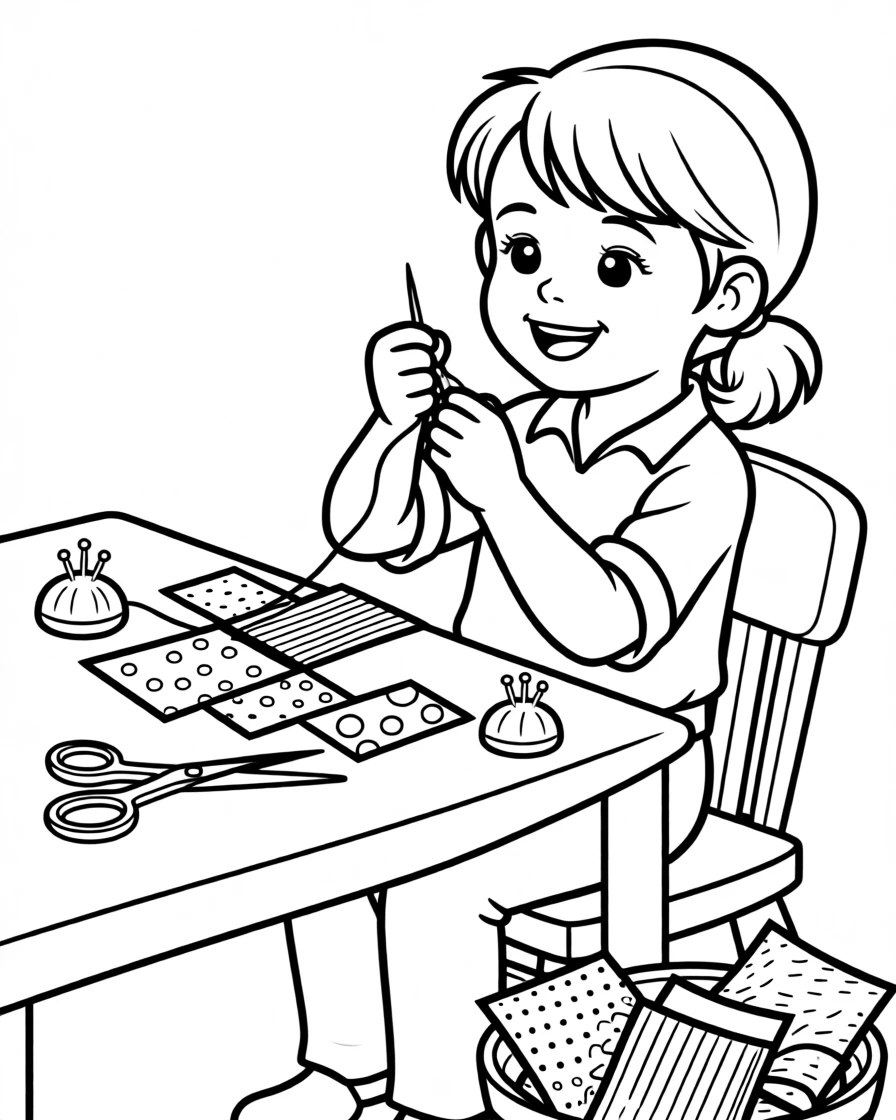 A young quilter sewing colorful fabric squares together