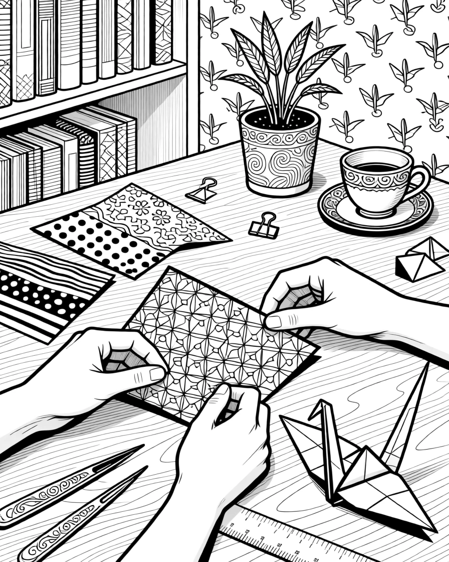 An origami crane-folding scene with patterned paper.