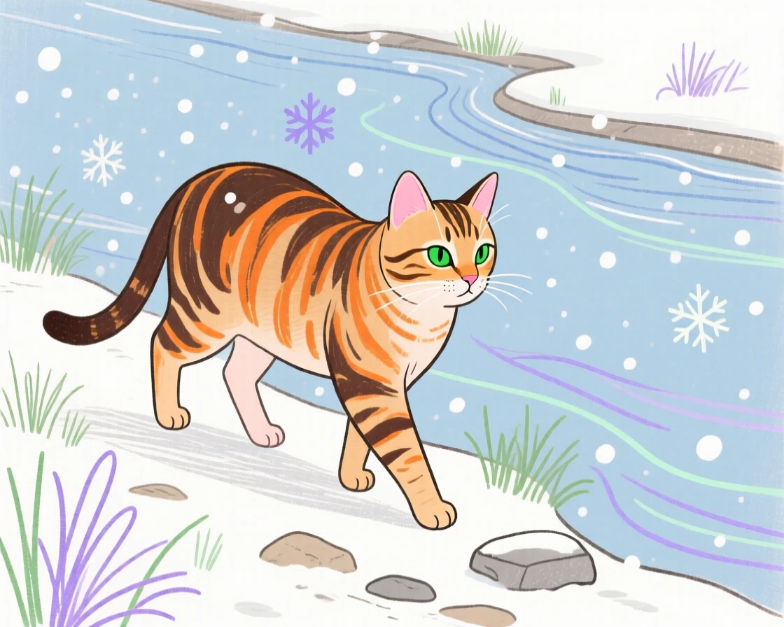 A tabby cat wandering along a quiet riverbank during a light snowfall.