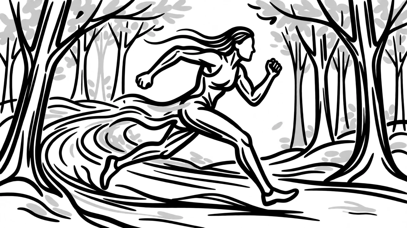 A trail runner sprinting through a golden autumn forest path.