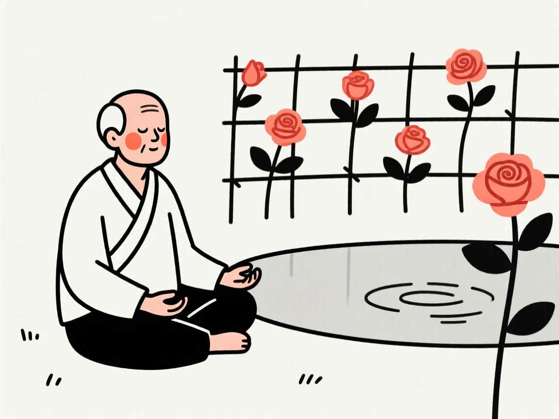 An older man meditating beside a still pond, beside a blooming rose trellis.