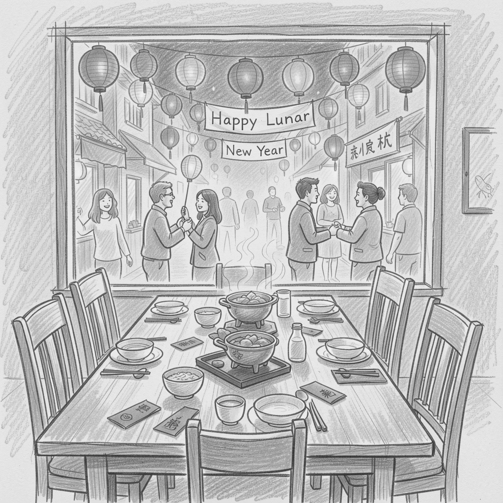 A festive scene of a Lunar New Year street festival with red lanterns in a beautifully set dining room, with an atmosphere of celebration and togetherness.