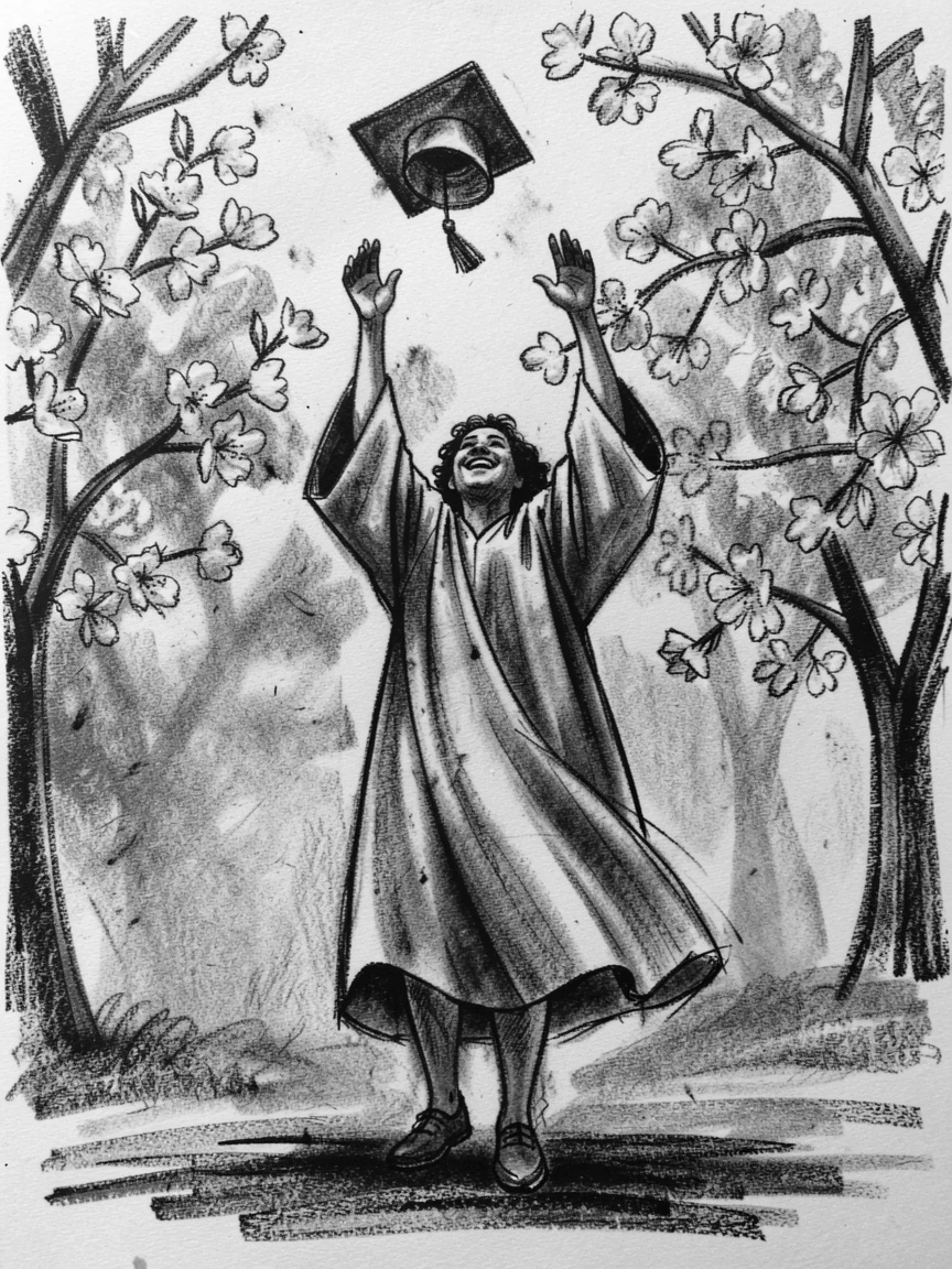 A graduate throwing their cap into the air in celebration, beneath blossoming trees in full bloom.