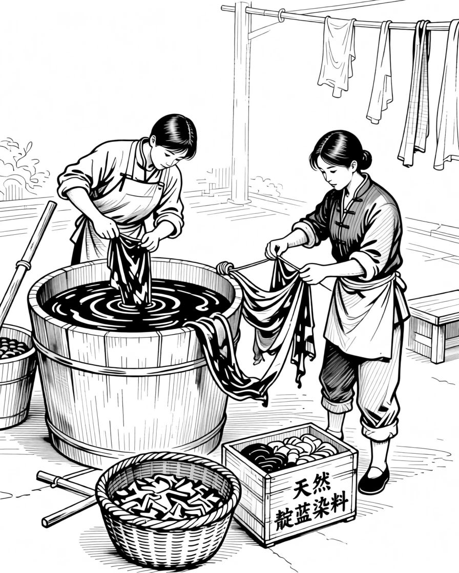 A vibrant traditional textile dyeing process using natural indigo pigments.