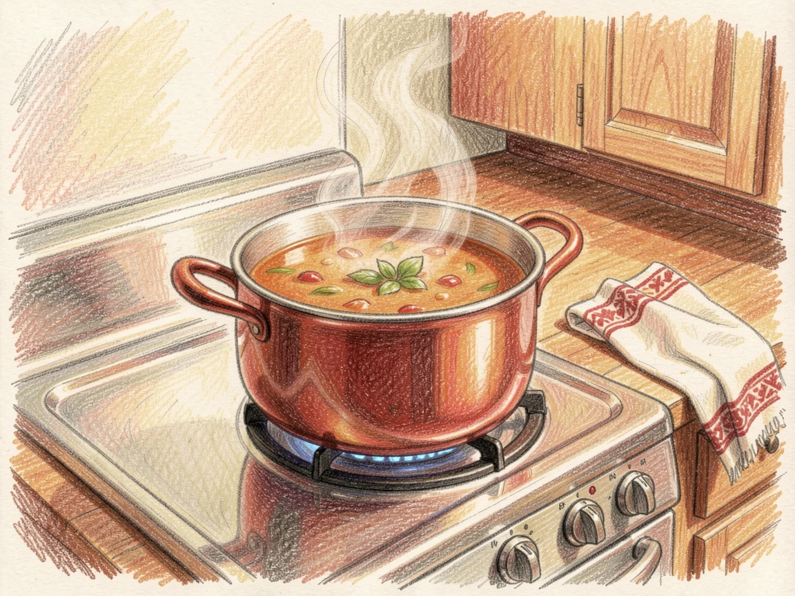 A warm kitchen scene with a pot of soup simmering on the stove, with a gentle play of light and shadow across the composition, designed to feel inviting, memorable, and shareable.