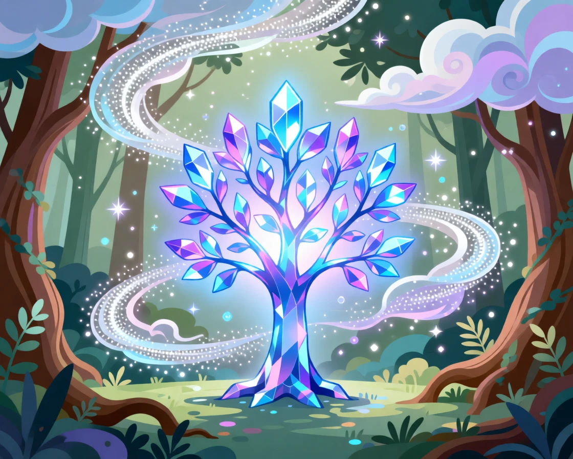 A glowing crystal tree standing at the heart of an enchanted grove, surrounded by swirling clouds of shimmering stardust, composed with a dreamlike, ethereal atmosphere, with subtle magical particles drifting through the air.