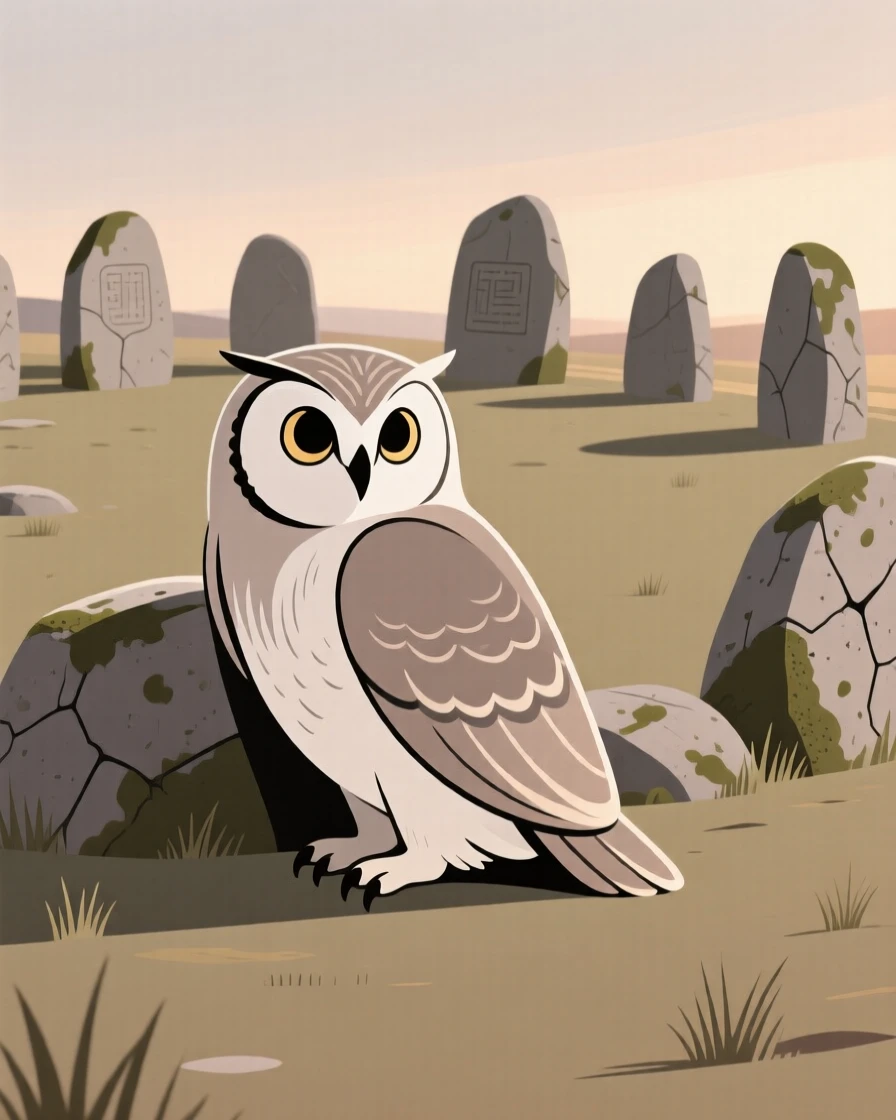 A mystical owl guardian resting quietly near an ancient stone circle.
