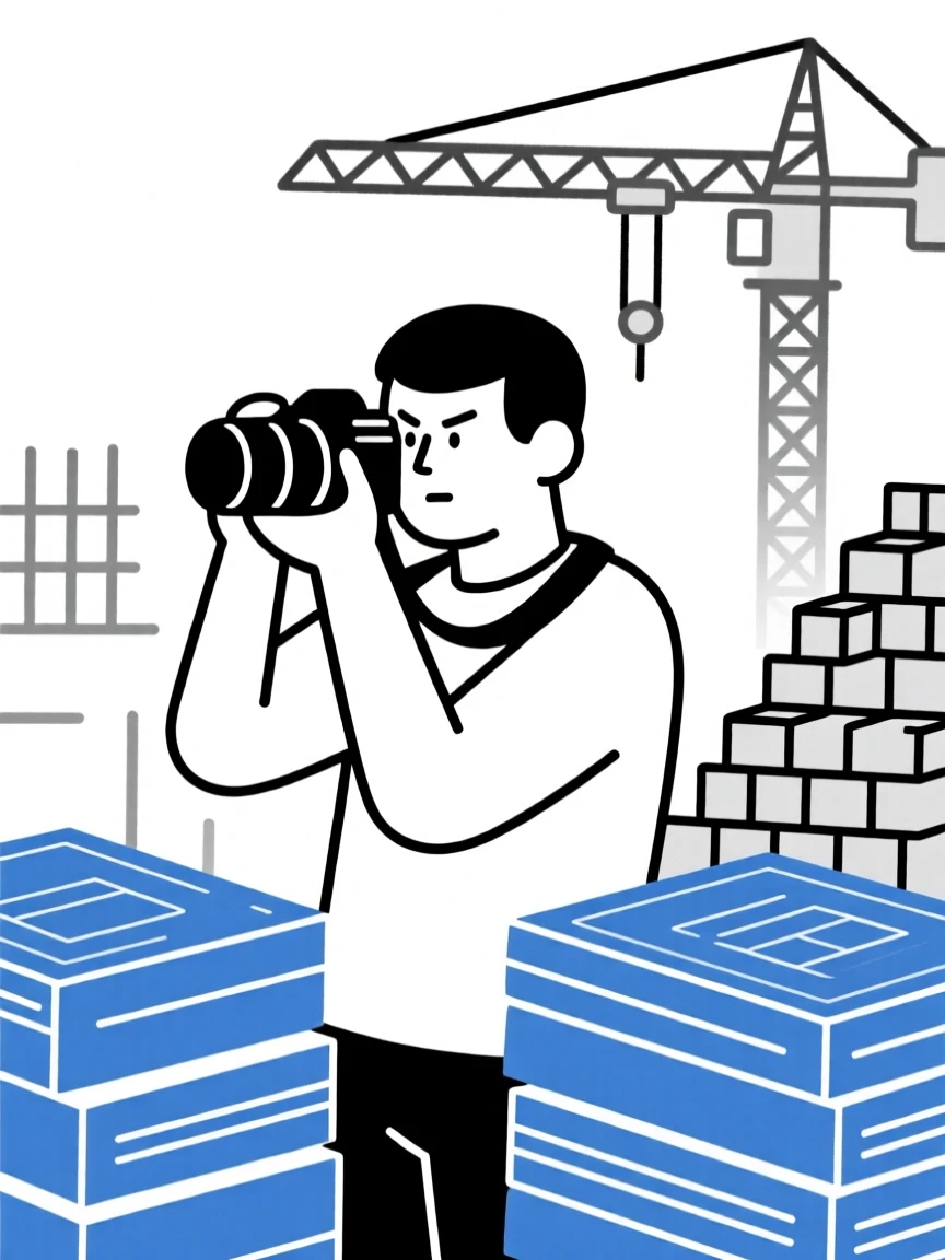 A focused photographer working at a construction site, surrounded by stacks of blueprints, expressing focused determination.
