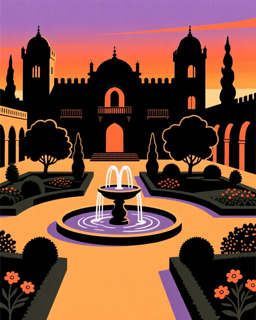 A grand palace courtyard with a central fountain surrounded by gardens.