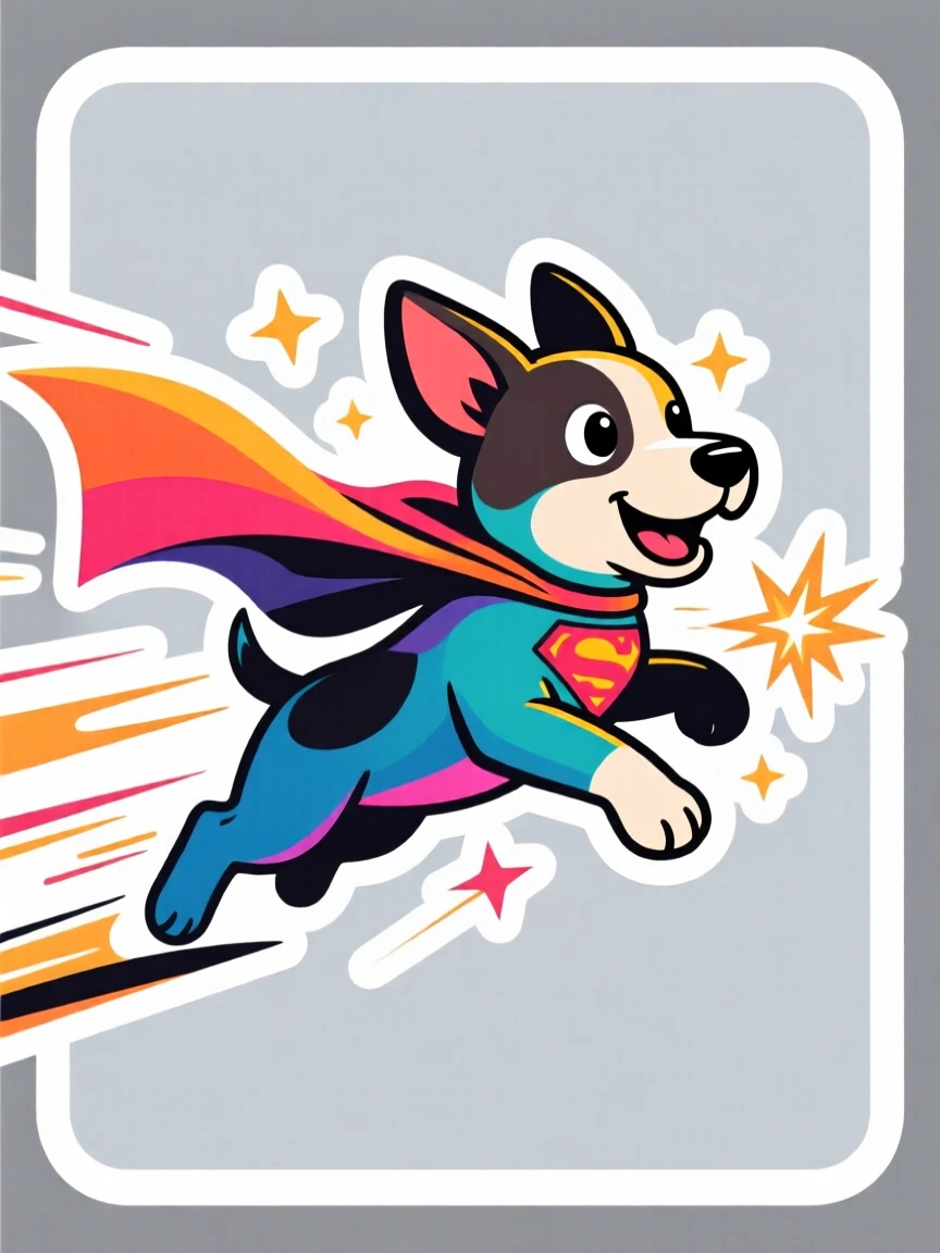A wildly imaginative superhero puppy wearing a flowing cape, with motion lines emphasizing speed and power, in a scene bursting with energy and color.