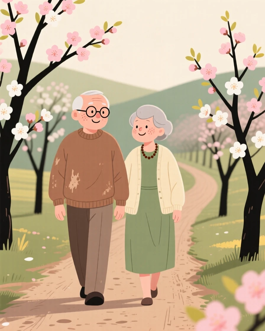 The first blossoms of spring open along a quiet orchard lane as a elderly couple walks slowly by, smiling at the warmth returning in the mild morning air.