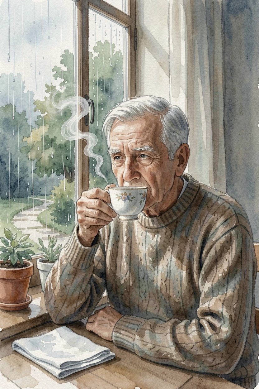 An elderly man sipping tea by a window on a rainy day.