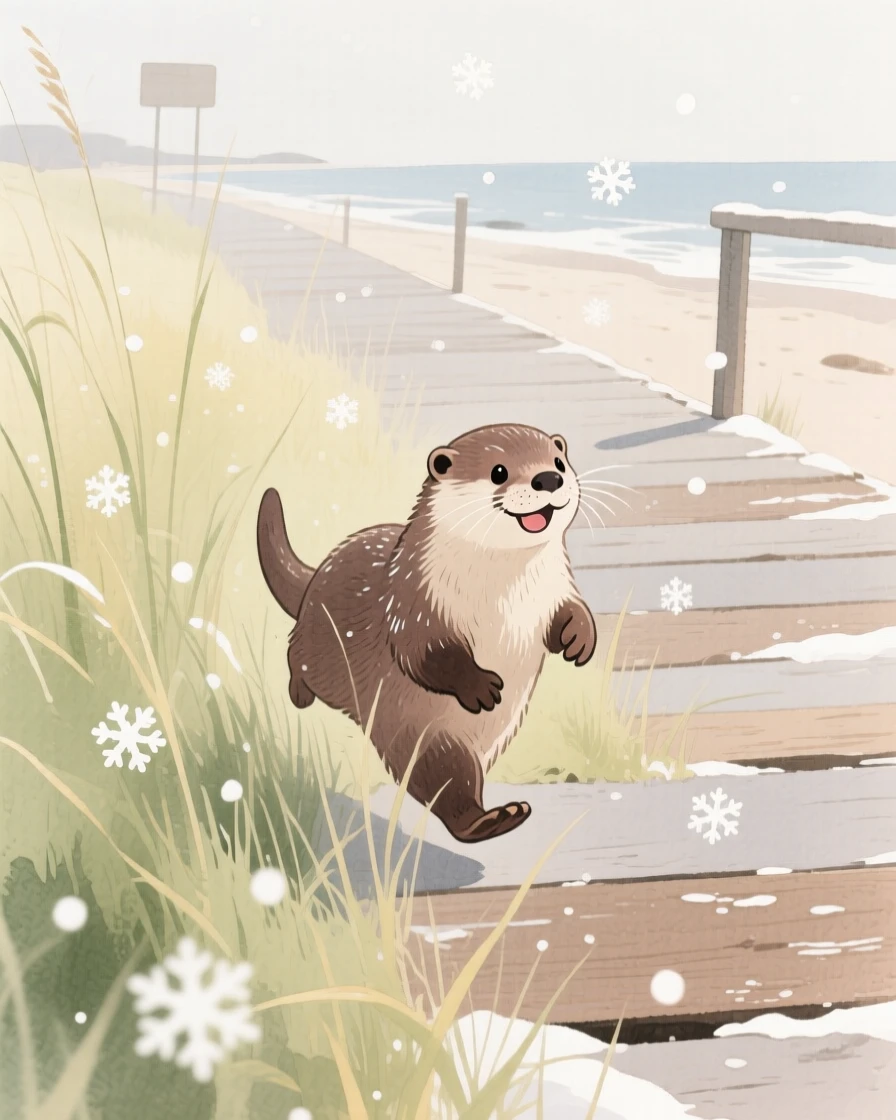 A baby otter hops through tall grass in a seaside boardwalk, with snowflakes drifting softly down