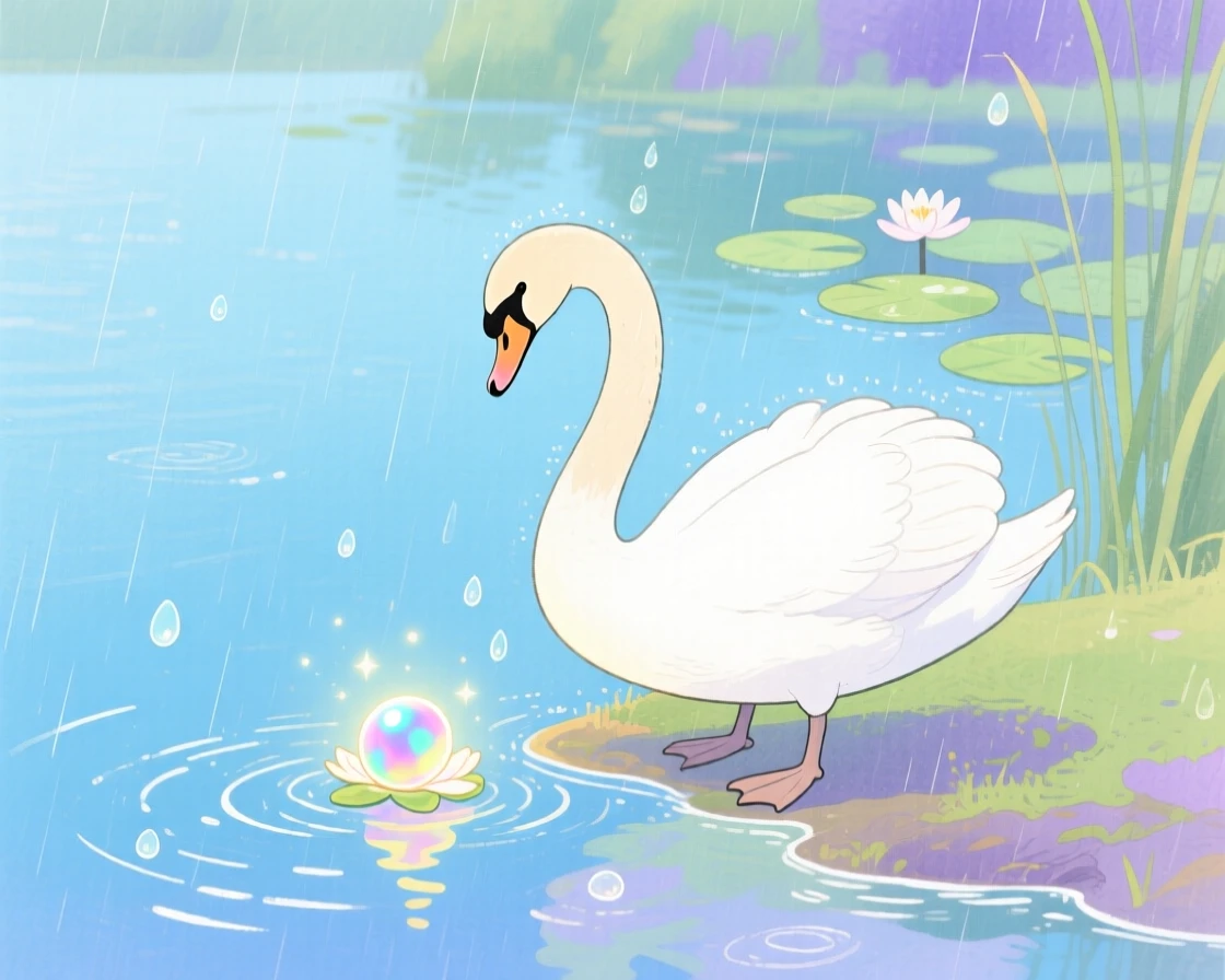 A graceful swan discovering something new in the edge of a sparkling lake during a gentle rain.