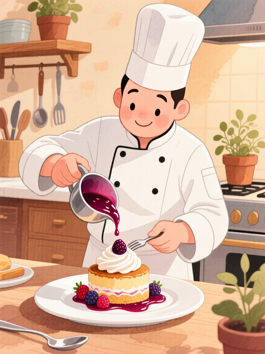 A chef plating a beautifully arranged dessert with a drizzle of berry sauce, evoking warmth, comfort, and togetherness.