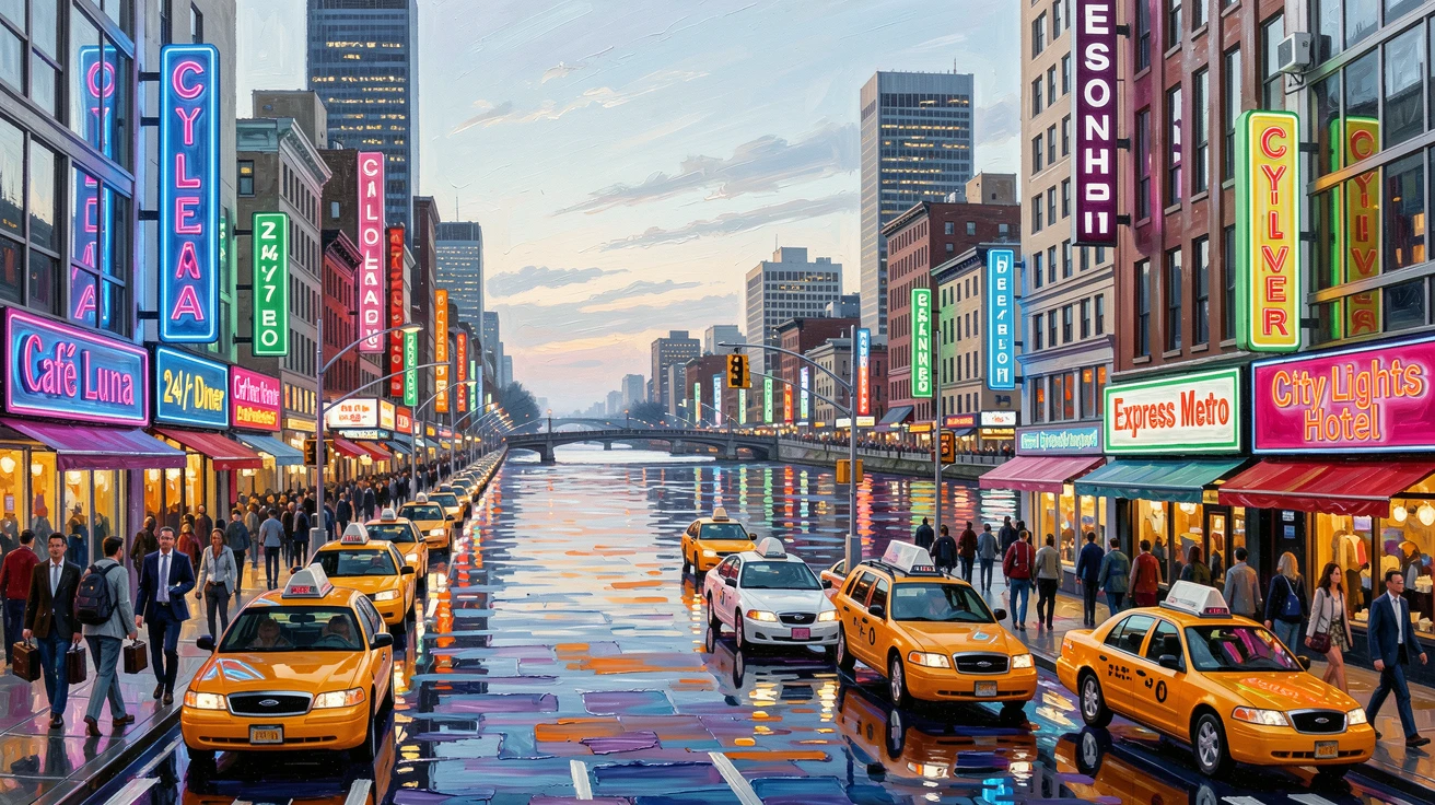A bustling city street lined with neon signs, beside a wide river reflecting the city lights, taxis streaming through the intersections below, on a busy weekday morning with commuters filling the streets.