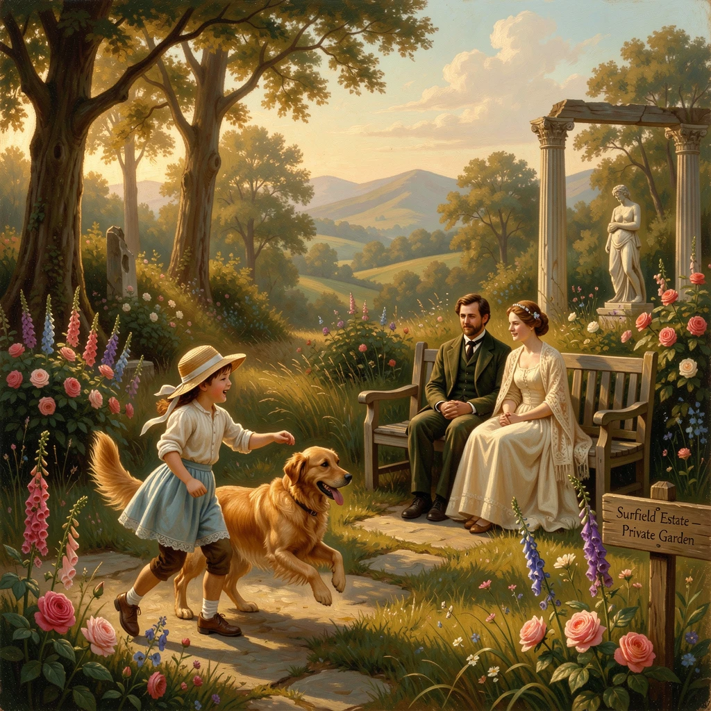 Children play with a dog in a sunlit garden while their parents watch.
