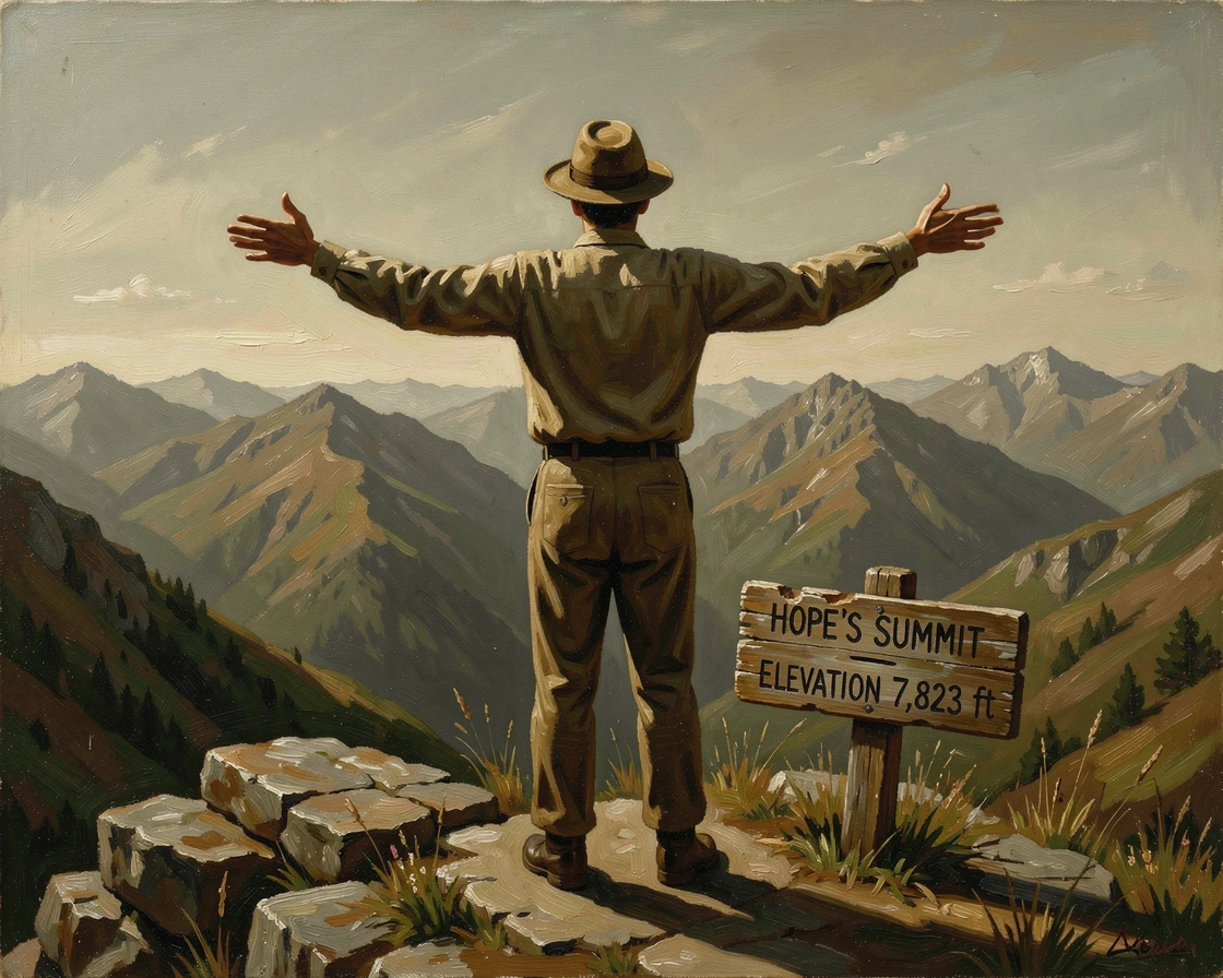 A person standing at a mountaintop overlook, arms wide open to the horizon, as the moment feels both deeply personal and universally relatable, capturing a powerful moment of hope, resilience, and human triumph