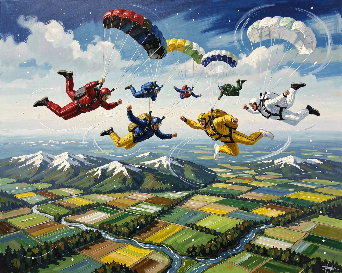 A group of skydivers free-falls above a patchwork of green fields, colorful parachutes not yet deployed against the vast open sky, the natural elements, whether wind, water, or snow, playing an active role in the scene.