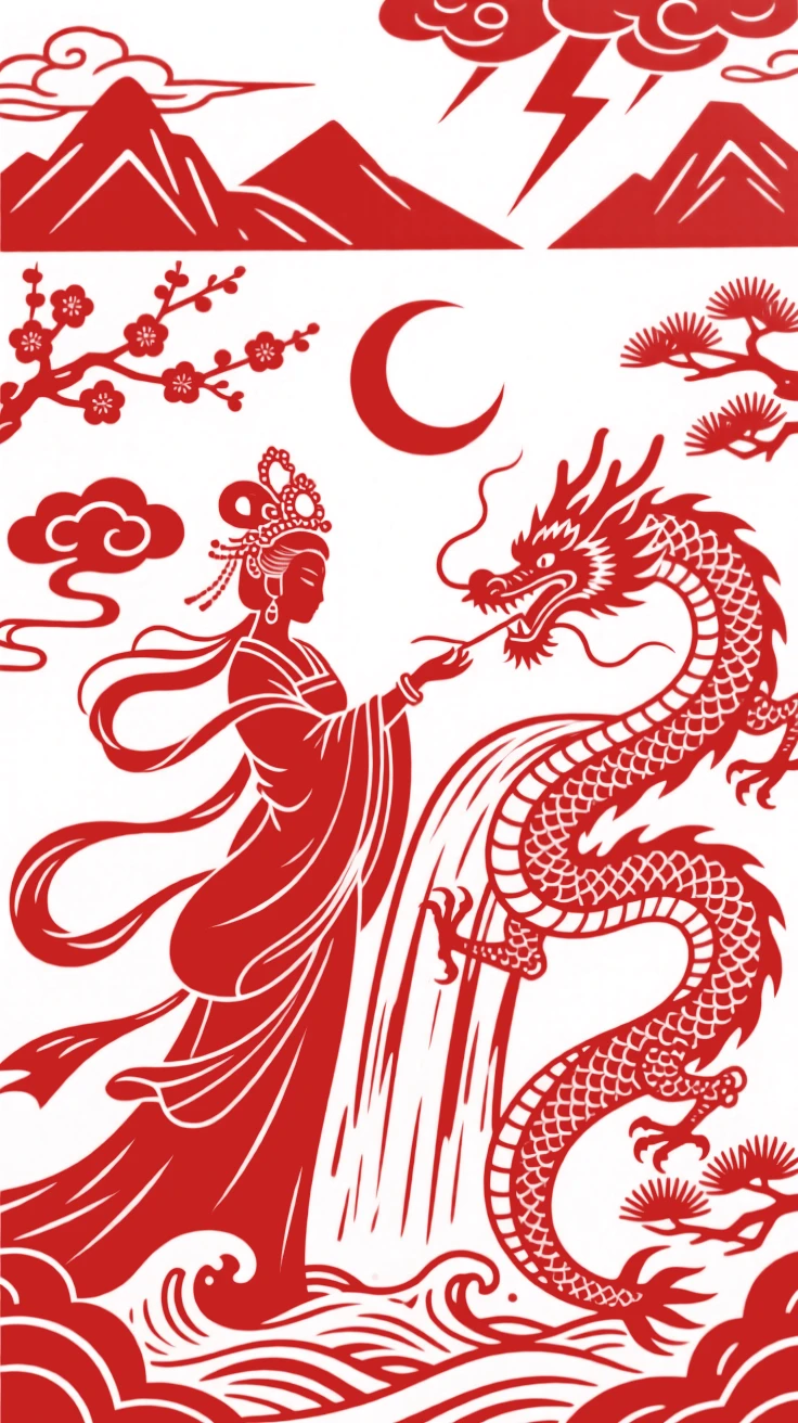 A moon goddess attendant, battling a serpent beside a raging waterfall, as thunder rumbles across distant peaks.