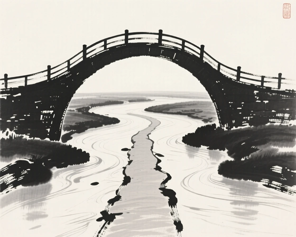 A curved arch bridge beside a quiet, meandering river, framed symmetrically along a central path, evoking centuries of quiet history and devotion.