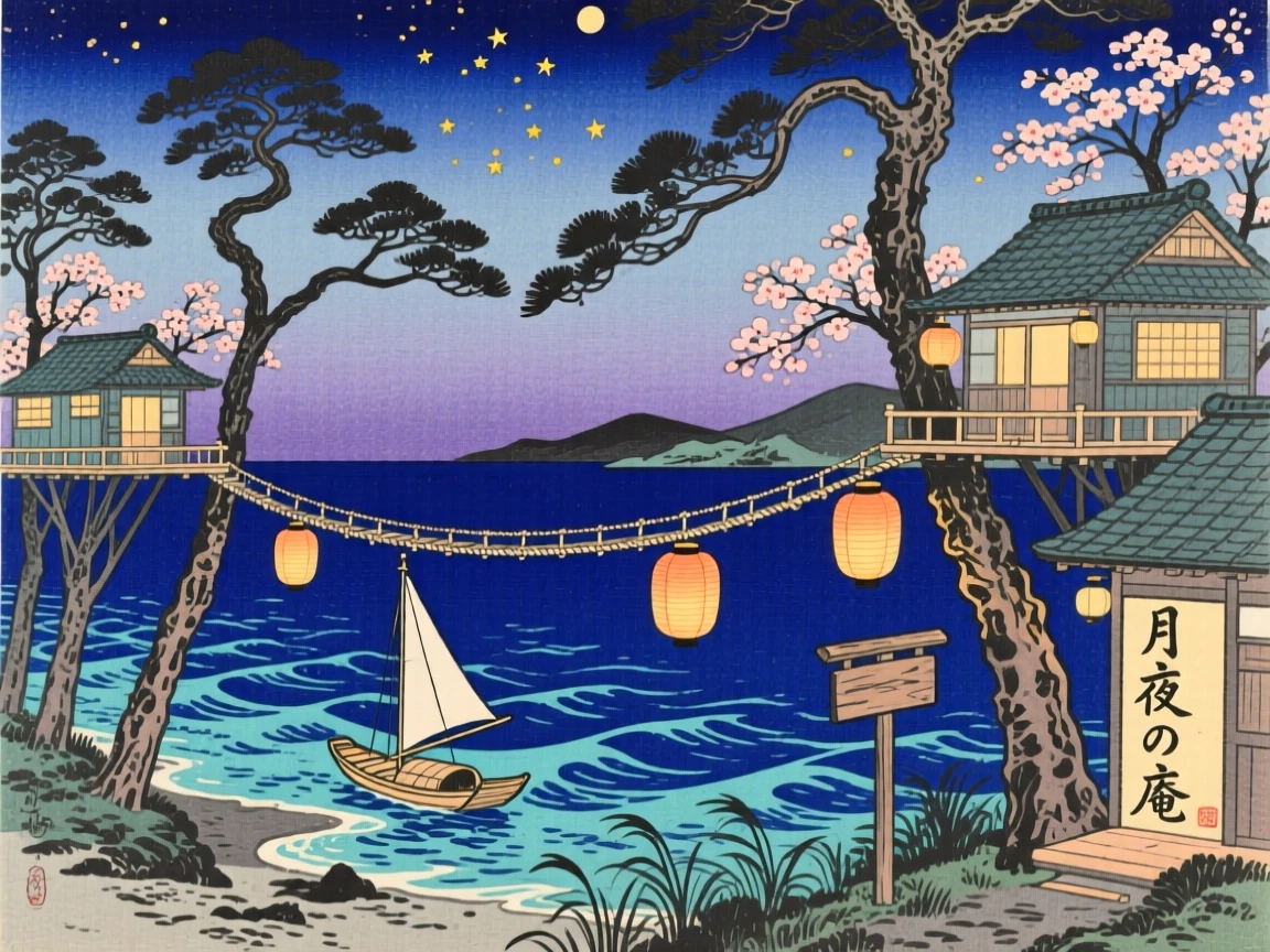 Treehouses connected by lantern-lit rope bridges, shimmering in the deep blue sea.