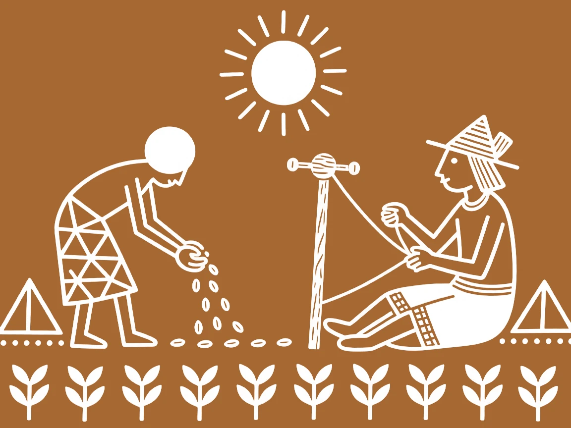 A farmer sowing seeds at dawn spinning thread on a simple wooden spindle.