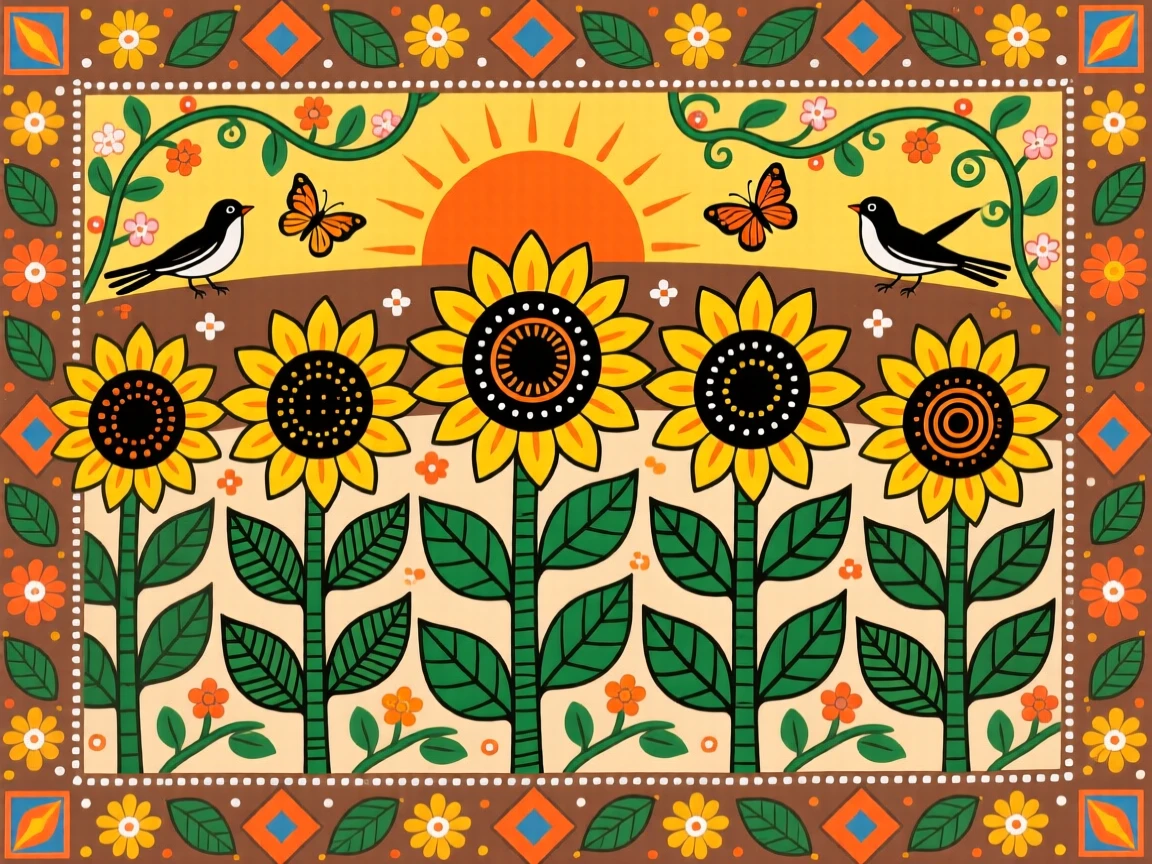 A row of sunflowers turning together to greet the morning light.