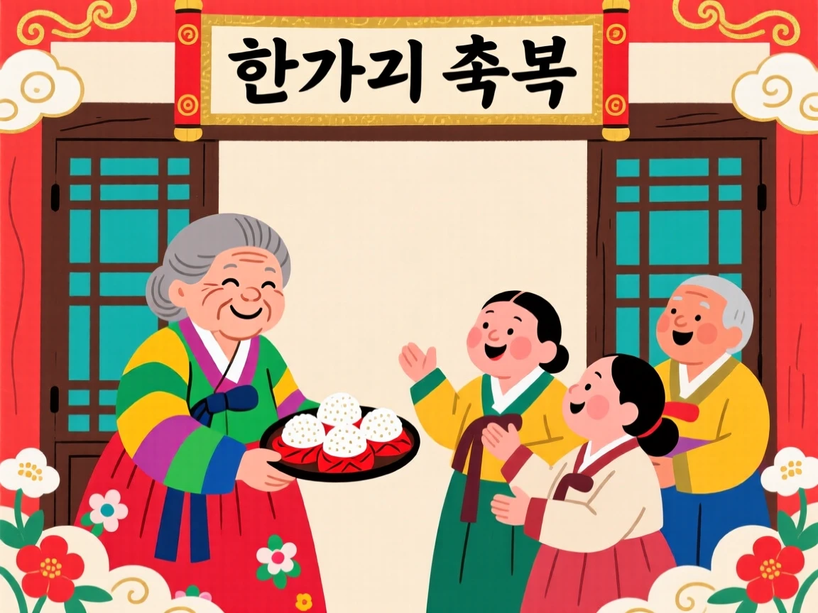 A grandmother offering rice cakes to visiting neighbors during a holiday.