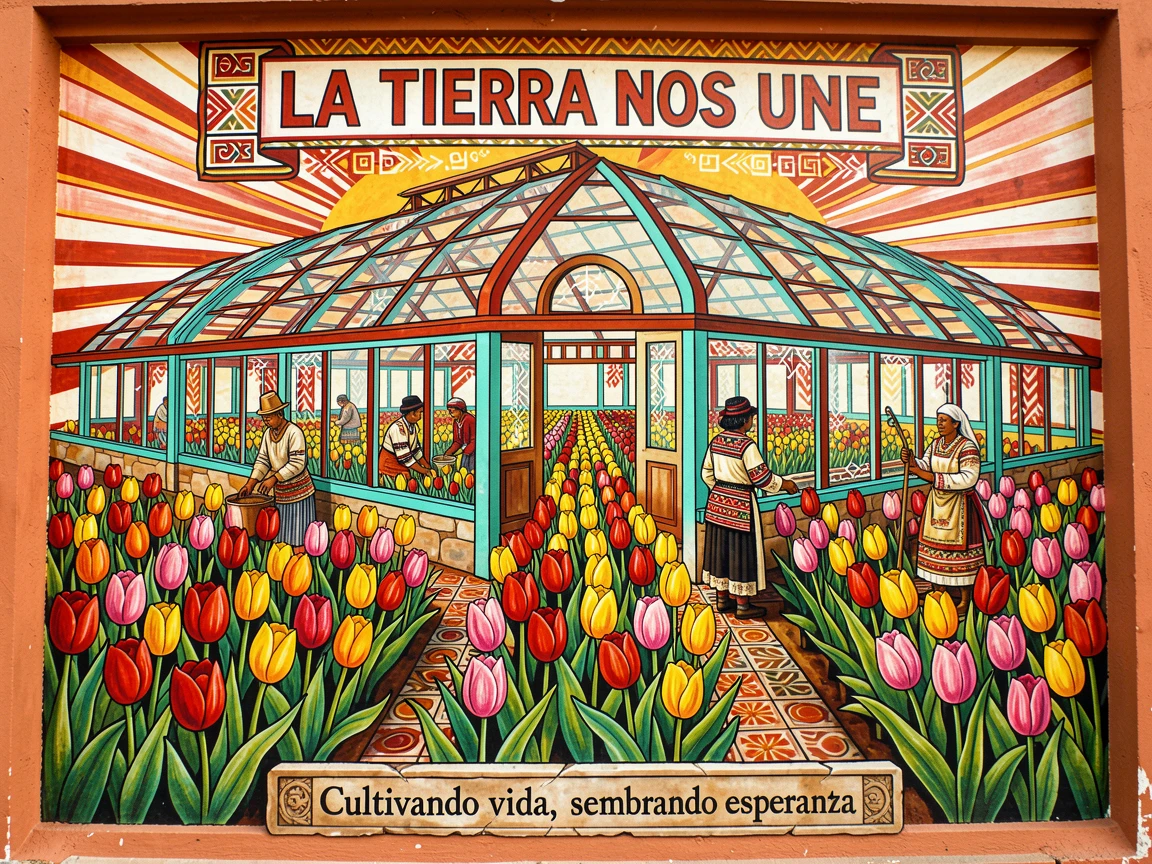 A greenhouse filled with rows of blooming tulips