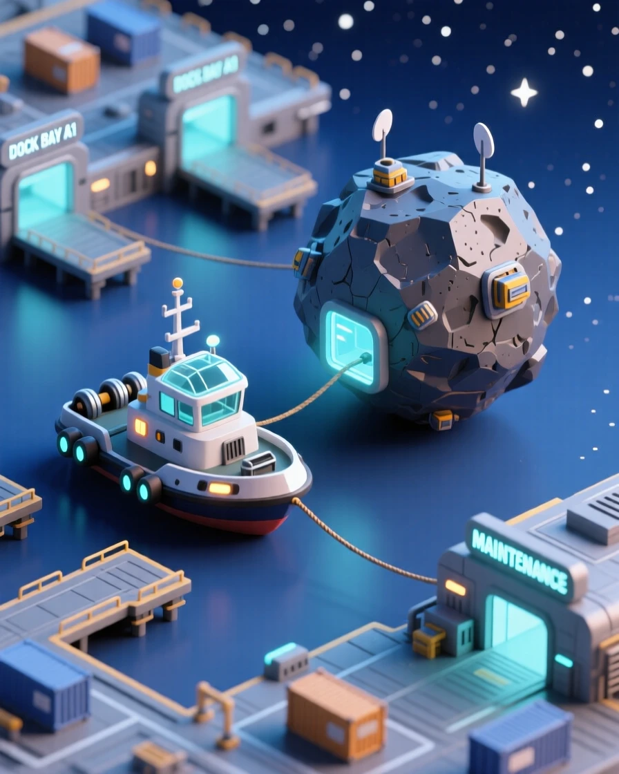 A space tugboat guiding an asteroid mining vessel into a bustling orbital shipyard among the stars.