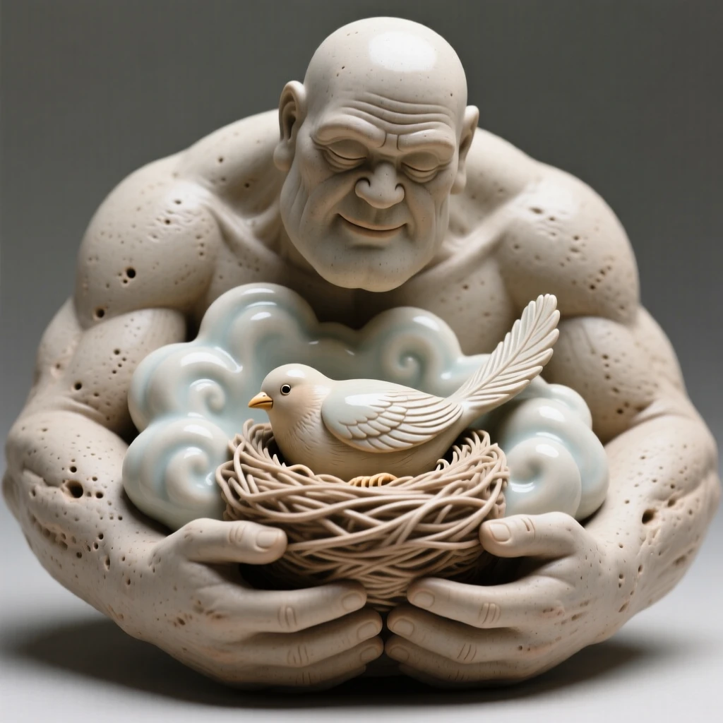 A benevolent giant cradling a small bird curled peacefully in a nest of clouds, with delicate feathers trailing like ribbons, conveying protective strength and loyal guardianship.