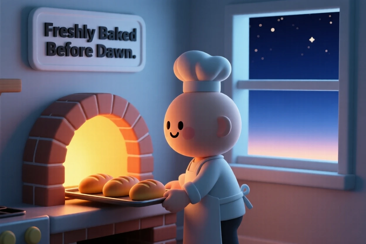 A determined night-shift baker slides trays of fresh bread into a glowing brick oven before sunrise.