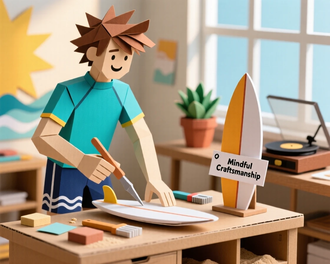 An enthusiastic surfer working in a sunlit studio, with soft music playing in the background, capturing mindful, patient craftsmanship.