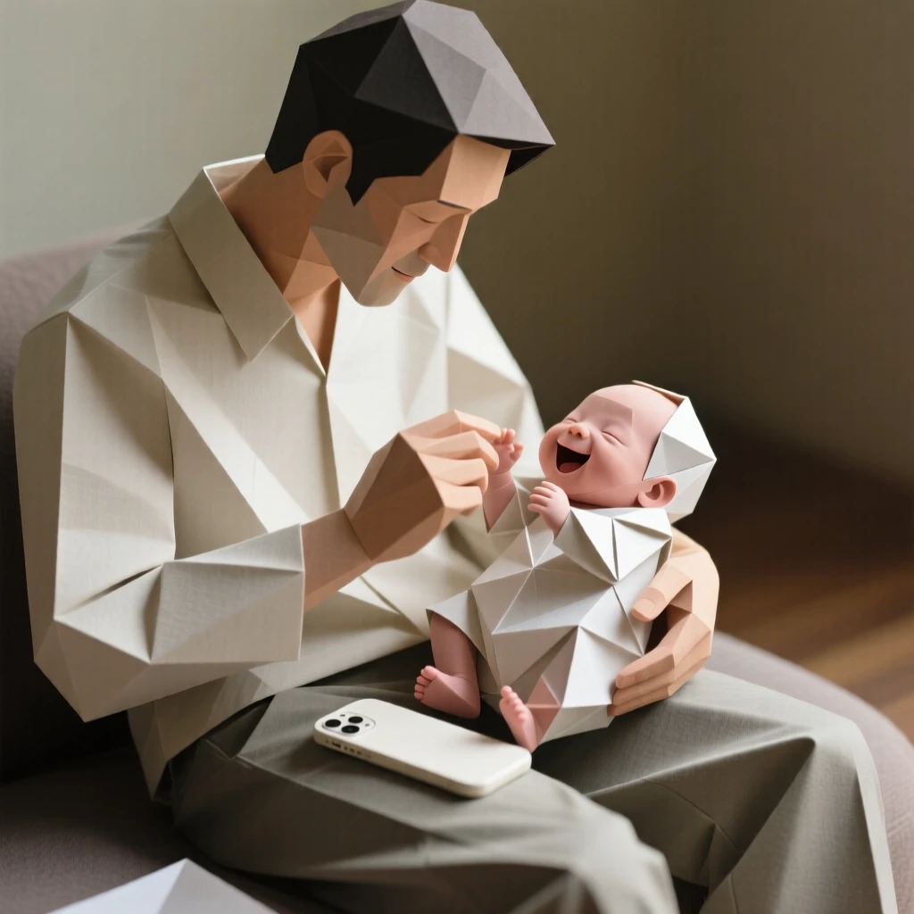 A father catching his newborn's first smile, phone forgotten in his lap.