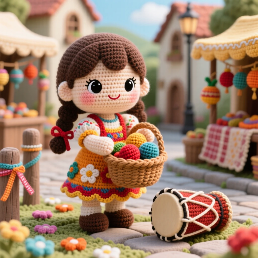 A festive cultural scene of a little girl carrying a small basket of woven ornaments for a festival market stall, arranging them with careful pride within a village square decorated with flowers and ribbons; a small drum resting nearby nearby, full of warm cultural pride and festive belonging.
