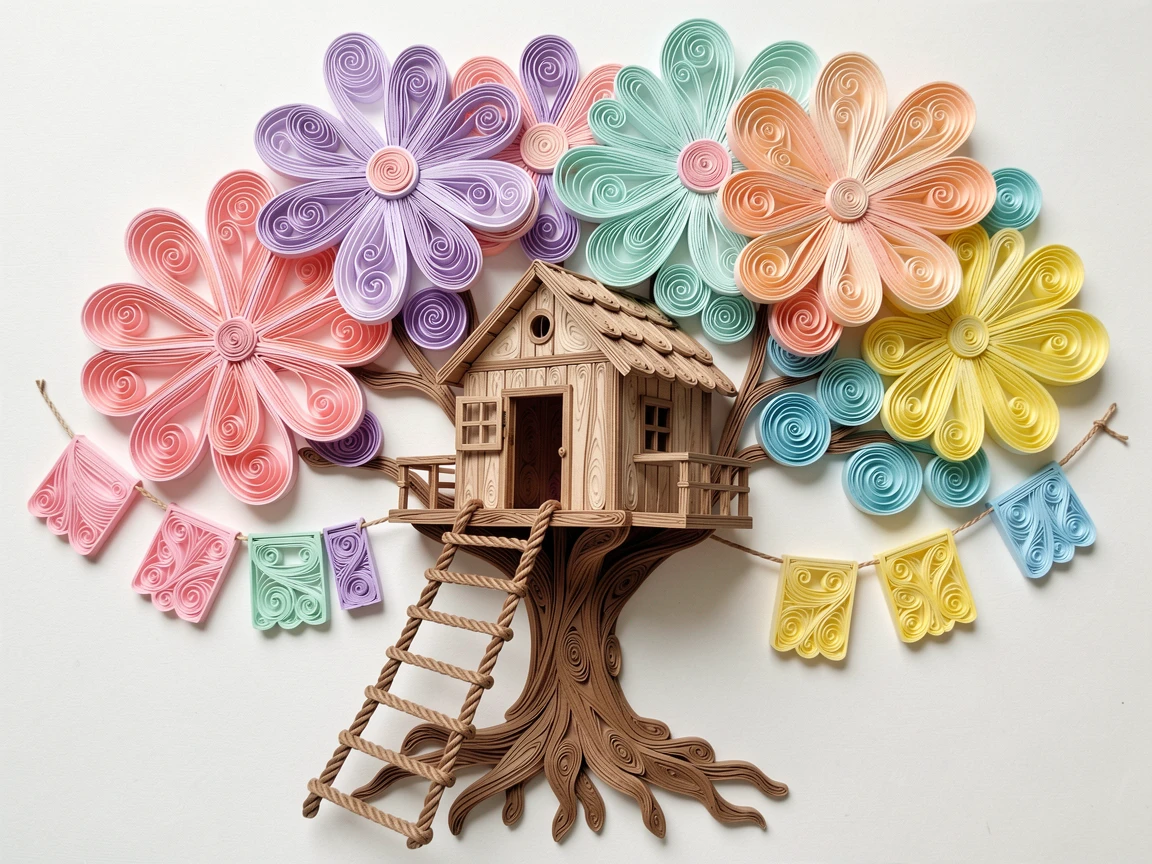 a treehouse with a rope ladder and colorful flags, beneath a canopy of oversized flowers, composed with a fun, exaggerated sense of scale, in a playful pastel color scheme.