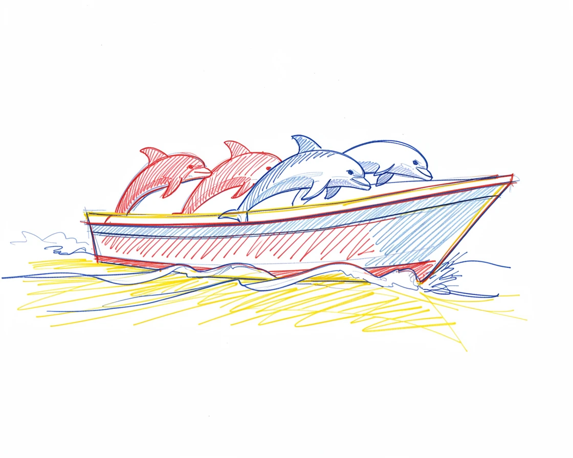 A group of dolphins riding the bow wave of a slow-moving boat