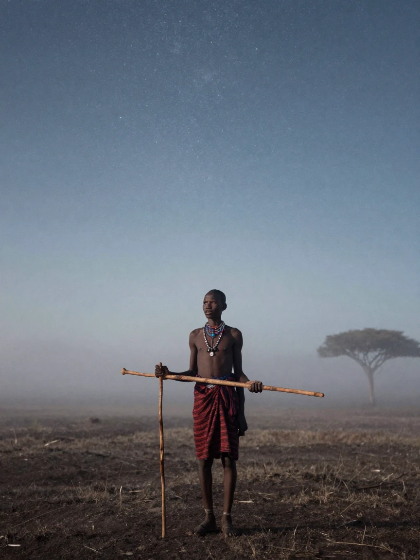 A young Maasai herder standing tall with a wooden staff across the savanna, under a canopy of stars, in thick rolling fog, in the depths of winter, in cool blues and silvery greys, from a slightly elevated vantage point.