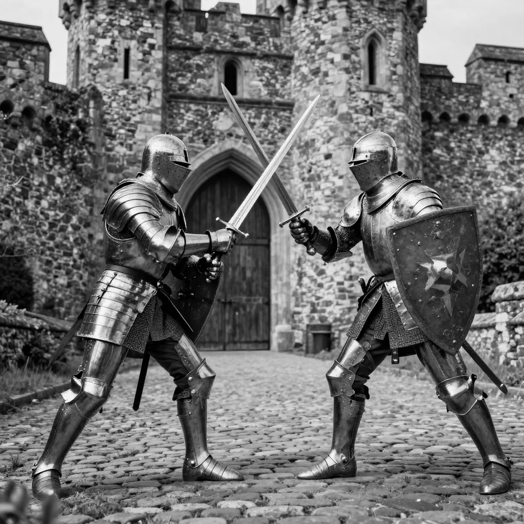 A medieval knight duels with sword and shield outside a stone medieval castle.